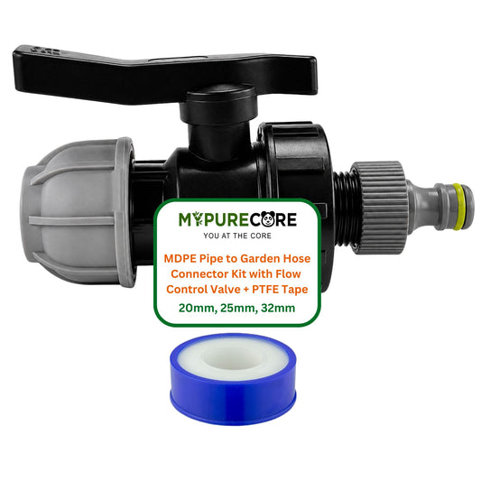 MDPE Water Pipe Outlet Valve Garden Hose Connector Kit 20mm 25mm 32mm - Compression Fitting, Flow Control Valve, Click-Lock Connector & PTFE Tape