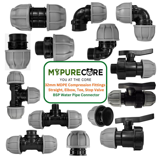 32 mm MDPE Compression Connector Fittings, LDPE Water Pipe - Straight, Elbow, Tee, Wall Flange, Stop, Valve