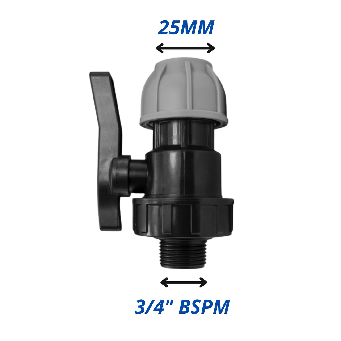 MDPE Water Pipe Outlet Valve Garden Hose Connector Kit 20mm 25mm 32mm - Compression Fitting, Flow Control Valve, Click-Lock Connector & PTFE Tape