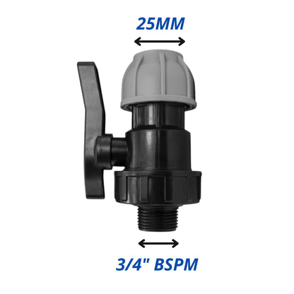 MDPE Water Pipe Outlet Valve Garden Hose Connector Kit 20mm 25mm 32mm - Compression Fitting, Flow Control Valve, Click-Lock Connector & PTFE Tape