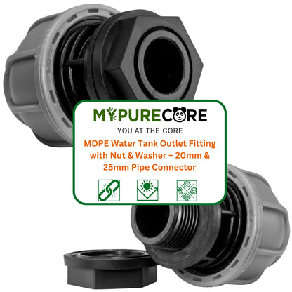 MDPE Water Tank Outlet Fitting with Nut & Washer – 20mm & 25mm Pipe Connector
