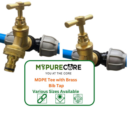 MDPE Tee with Brass Bib Tap – Fits 20mm, 25mm, 32mm Pipe – Click or Barbed Hose Outlet