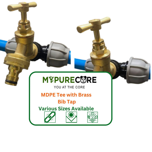 MDPE Tee with Brass Bib Tap – Fits 20mm, 25mm, 32mm Pipe – Click or Barbed Hose Outlet