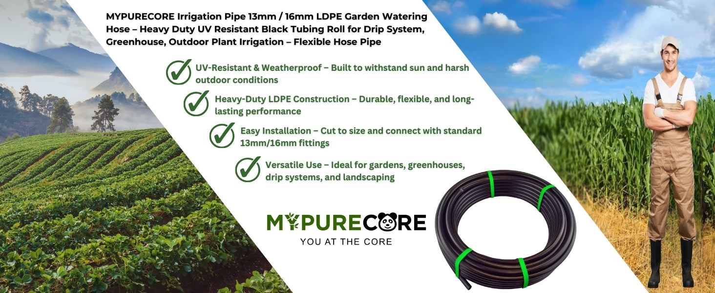 Irrigation Pipe 13mm / 16mm LDPE Garden Watering Hose – Heavy Duty UV Resistant Black Tubing Roll for Drip System, Greenhouse, Outdoor Plant Irrigation – Flexible Hose Pipe
