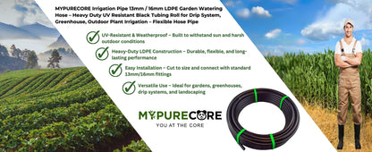 Irrigation Pipe 13mm / 16mm LDPE Garden Watering Hose – Heavy Duty UV Resistant Black Tubing Roll for Drip System, Greenhouse, Outdoor Plant Irrigation – Flexible Hose Pipe
