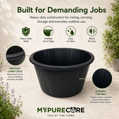 Round Mixing Tub Heavy Duty Plastic Utility Tub - Multi-Purpose PVC Container for Mortar, Plaster, Cement, Fillers, Gardening, Storage & DIY (45L / 65L / 90L)