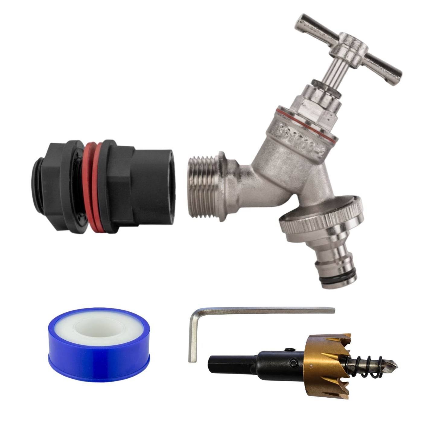 Water Butt Barrel Tap Connector Kit with Drill Hole Saw Cutter – Adapter Hose Fitting with Tap Options & PTFE Tape for Rain Barrel, Water Tank & Garden Use