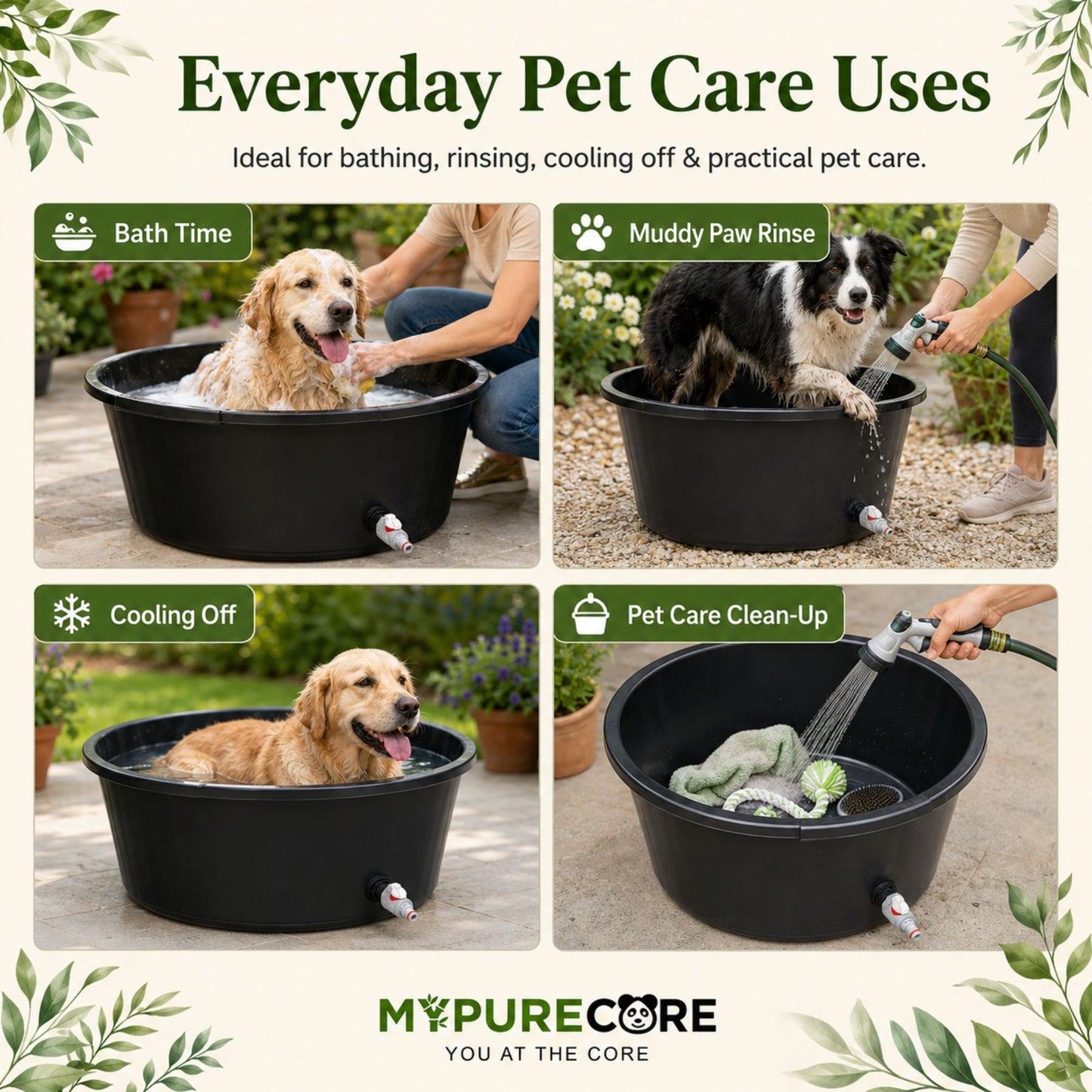 Round Dog Bath Tub with Drain Plug Heavy Duty Pet Washing Pool for Small Medium Large Dogs Durable Plastic Bath for Indoor Outdoor Use (45L / 65L / 90L)