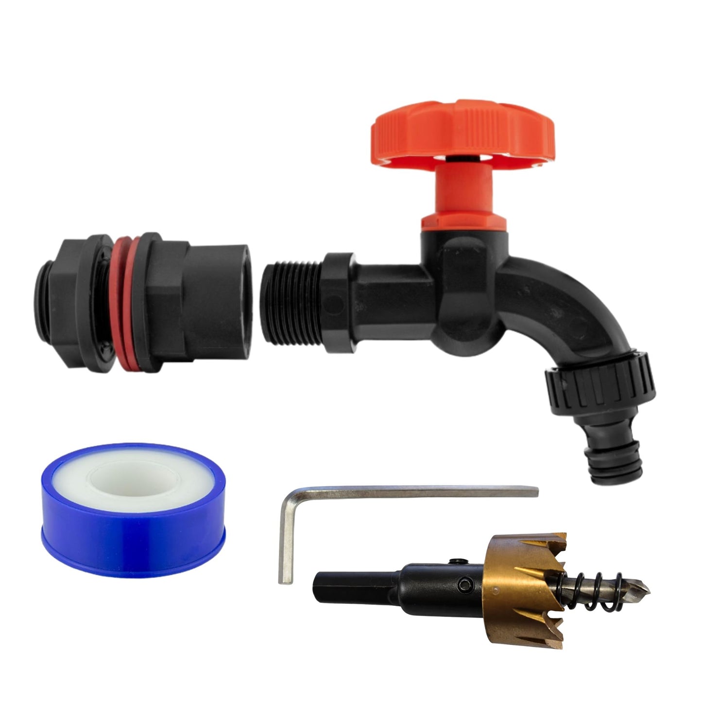 Water Butt Barrel Tap Connector Kit with Drill Hole Saw Cutter – Adapter Hose Fitting with Tap Options & PTFE Tape for Rain Barrel, Water Tank & Garden Use