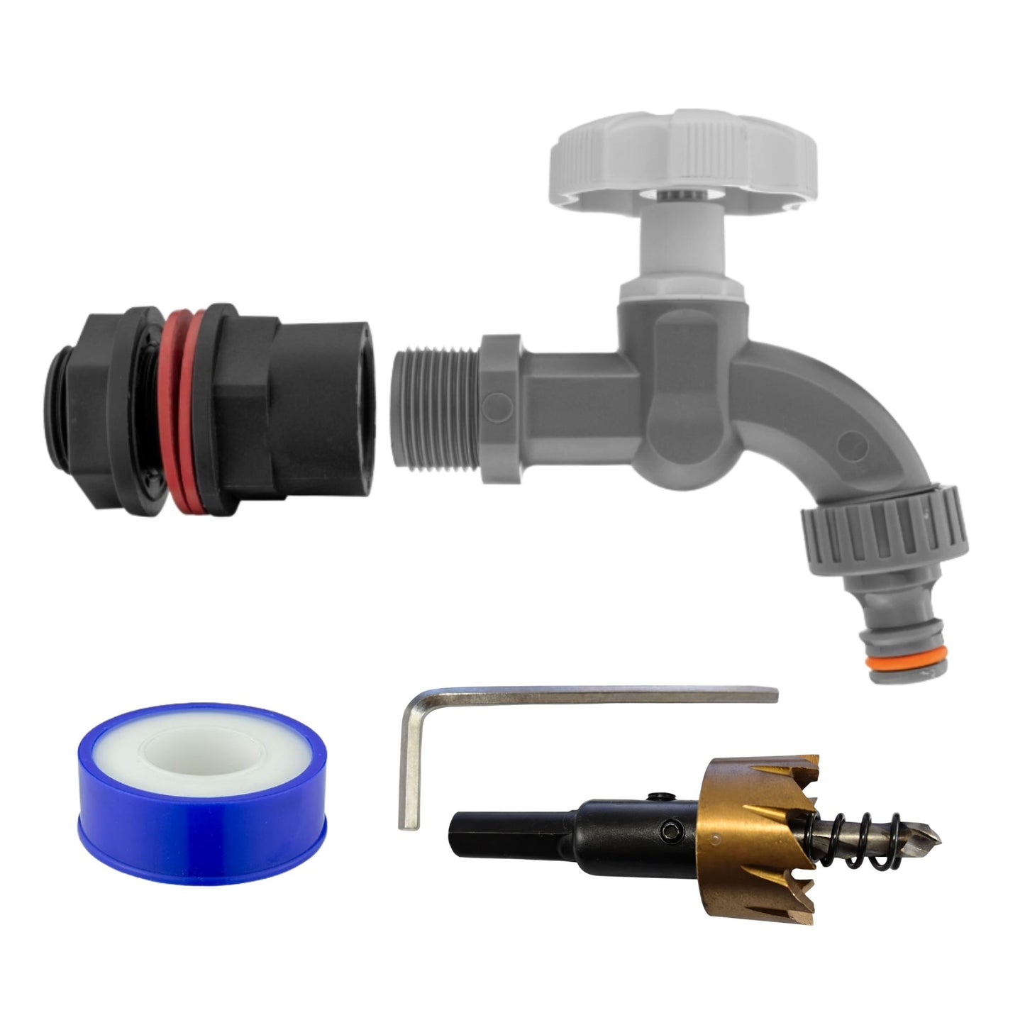 Water Butt Barrel Tap Connector Kit with Drill Hole Saw Cutter – Adapter Hose Fitting with Tap Options & PTFE Tape for Rain Barrel, Water Tank & Garden Use