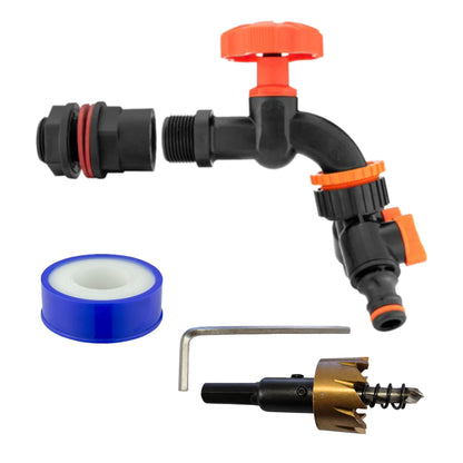 Water Butt Barrel Tap Connector Kit with Drill Hole Saw Cutter – Adapter Hose Fitting with Tap Options & PTFE Tape for Rain Barrel, Water Tank & Garden Use