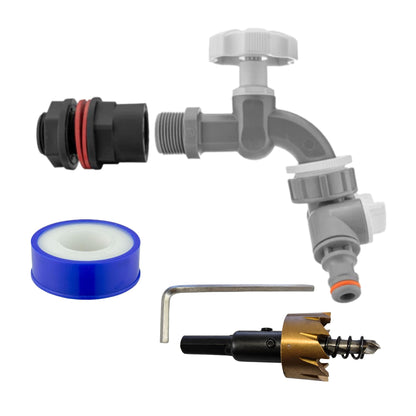 Water Butt Barrel Tap Connector Kit with Drill Hole Saw Cutter – Adapter Hose Fitting with Tap Options & PTFE Tape for Rain Barrel, Water Tank & Garden Use