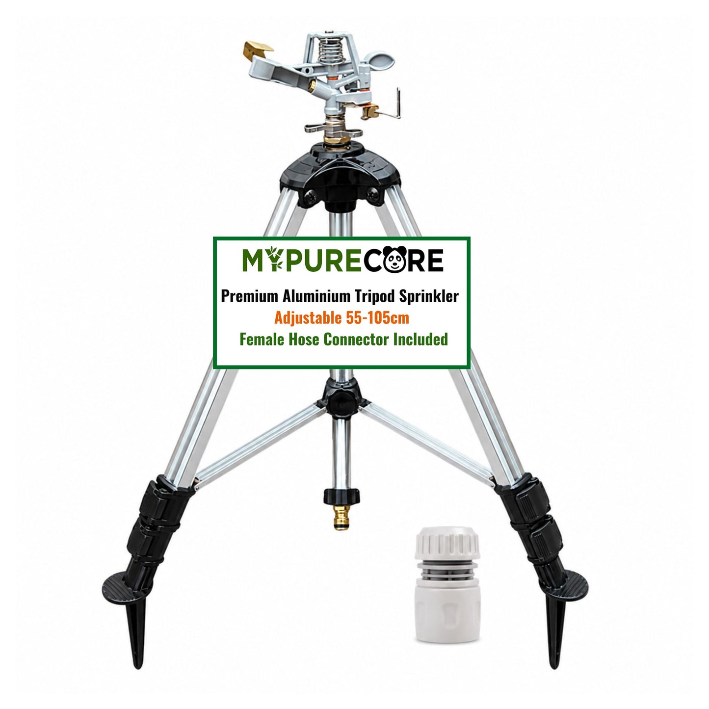 Aluminium Tripod Impact Sprinkler with Female Hose Connector, Adjustable 55-105cm Telescopic Garden Watering Stand with Spiked Feet for Lawns, Borders & Allotments