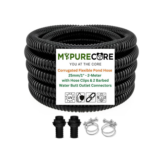 Premium Corrugated Flexible Hose Pond Pipe Set 25mm / 1"– 2-Meter with 2 Double-Wired Hose Clips and 2 Heavy Duty Plastic Barbed Water Butt Tank Outlet Connectors Pipe - Black