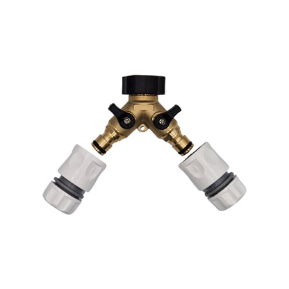 Premium Dual Tap Brass Connector Set with 2 premium hose end connectors for a perfect fit with your garden hoses - Hozelock Compatible. Durable 2 Way Brass Connector Splitter