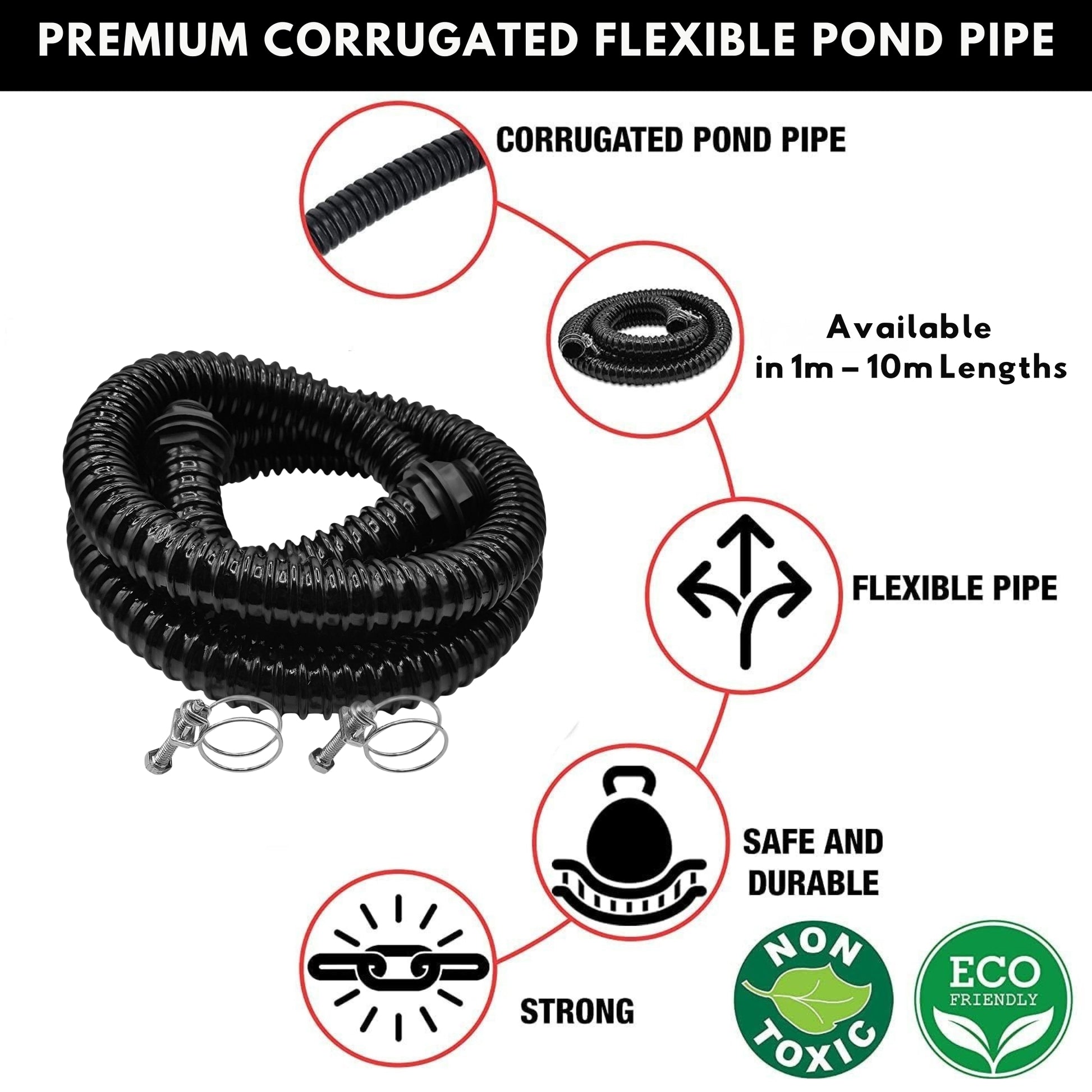 MYPURECORE Corrugated Flexible Pond Hose Set - 32mm/1.25" PVC Hose w/ Double-Wired Metal Clips & Barbed Water Tank Outlet Connectors - for Pond Pumps, Waterfalls, Drainage (1M-10M)