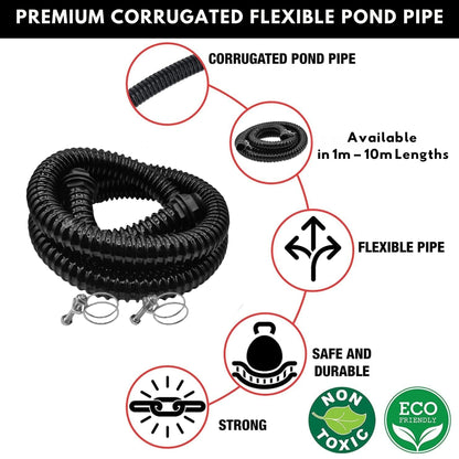 MYPURECORE Corrugated Flexible Pond Hose Set - 25mm/1" PVC Hose with Double-Wired Metal Clips & Barbed Water Tank Outlet Connectors - for Pond Pumps, Waterfalls & Drainage (1M-10M)