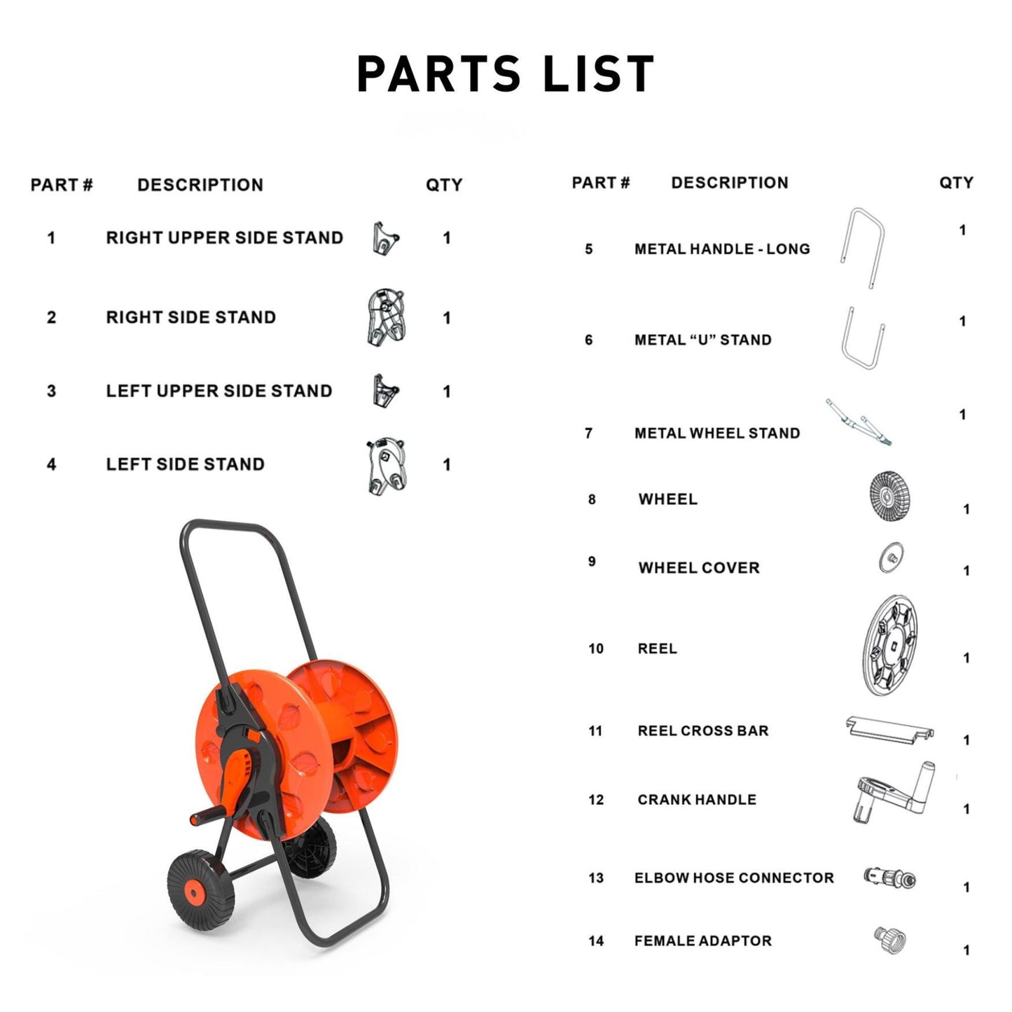 60m Garden Hose Reel Cart with Wheels - UV-Resistant, Easy-Wind Crank - Black/Orange