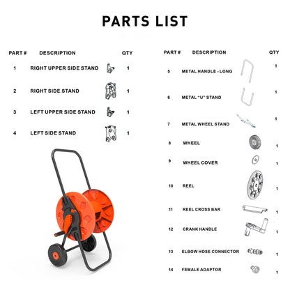 60m Garden Hose Reel Cart with Wheels - UV-Resistant, Easy-Wind Crank - Black/Orange