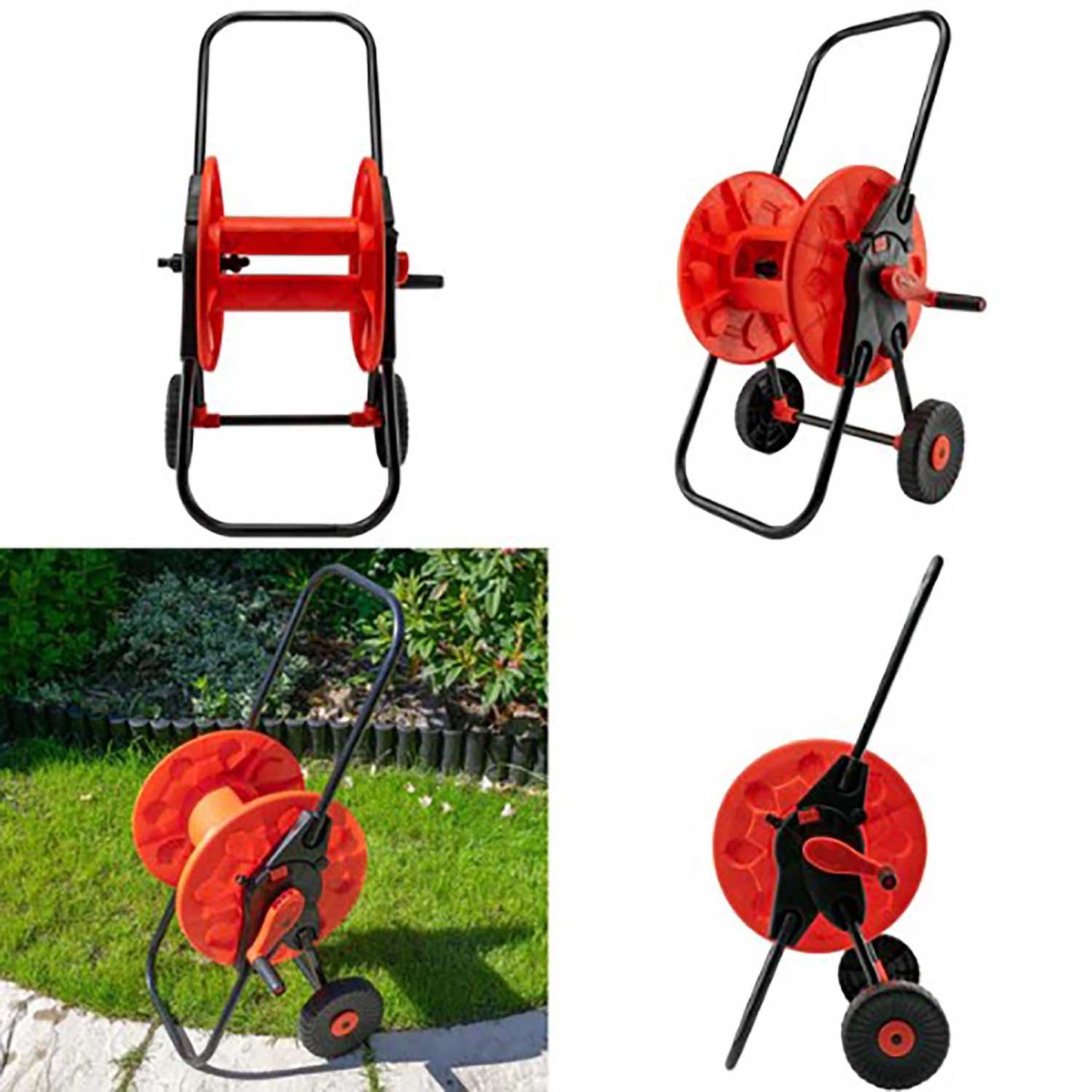 60m Garden Hose Reel Cart with Wheels - UV-Resistant, Easy-Wind Crank - Black/Orange