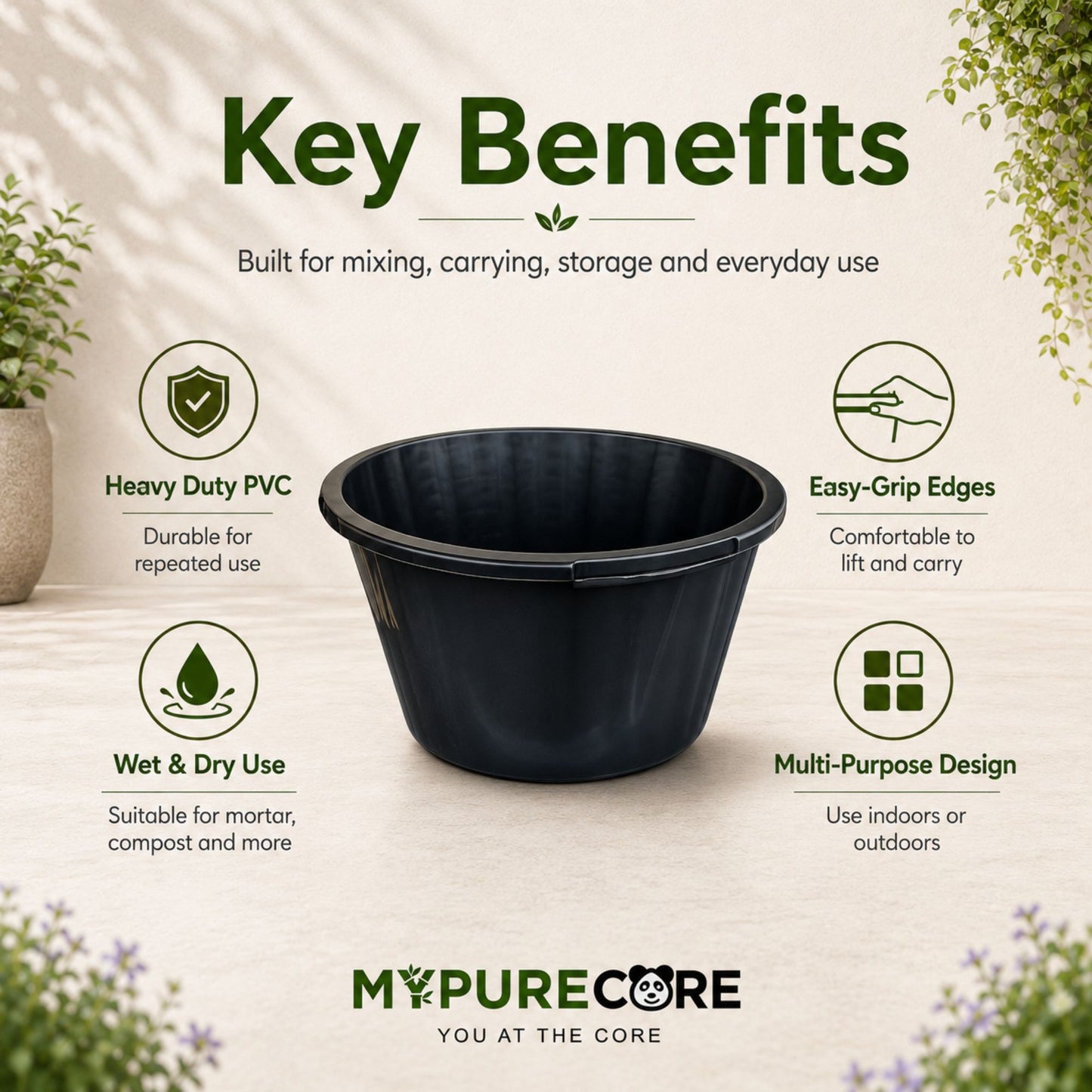Round Mixing Tub Heavy Duty Plastic Utility Tub - Multi-Purpose PVC Container for Mortar, Plaster, Cement, Fillers, Gardening, Storage & DIY (45L / 65L / 90L)