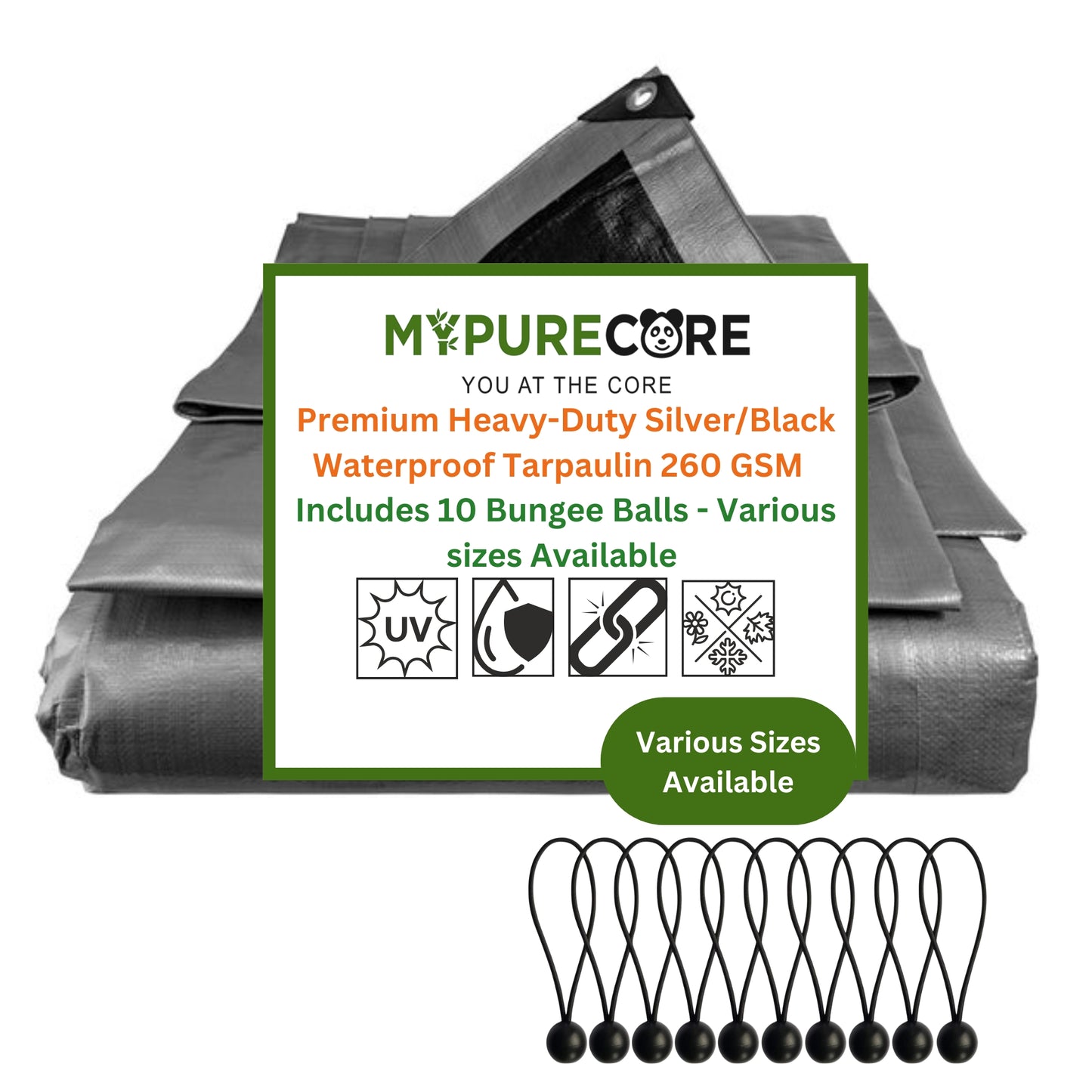MYPURECORE Heavy Duty Waterproof Tarpaulin 260GSM Silver/Black Tarp with 10 Bungee Balls - Durable Weatherproof Tarp Sheet for Camping, Garden, Trailer, Tent & Outdoor Protection