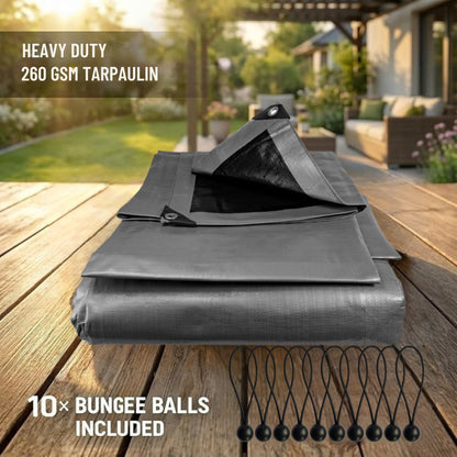 MYPURECORE Heavy Duty Waterproof Tarpaulin 260GSM Silver/Black Tarp with 10 Bungee Balls - Durable Weatherproof Tarp Sheet for Camping, Garden, Trailer, Tent & Outdoor Protection
