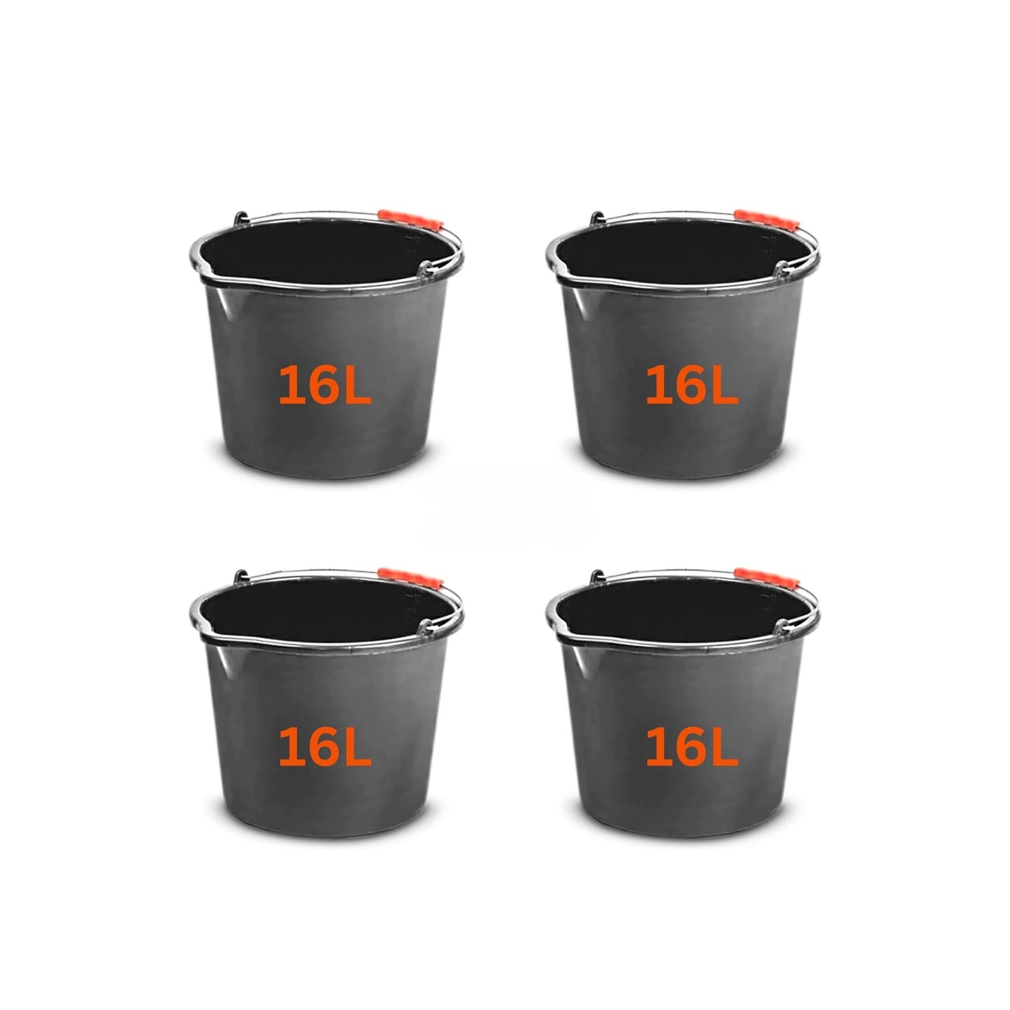 Set of 4 Large 16L (4.2 Gallon) Black Plastic Buckets with Handles