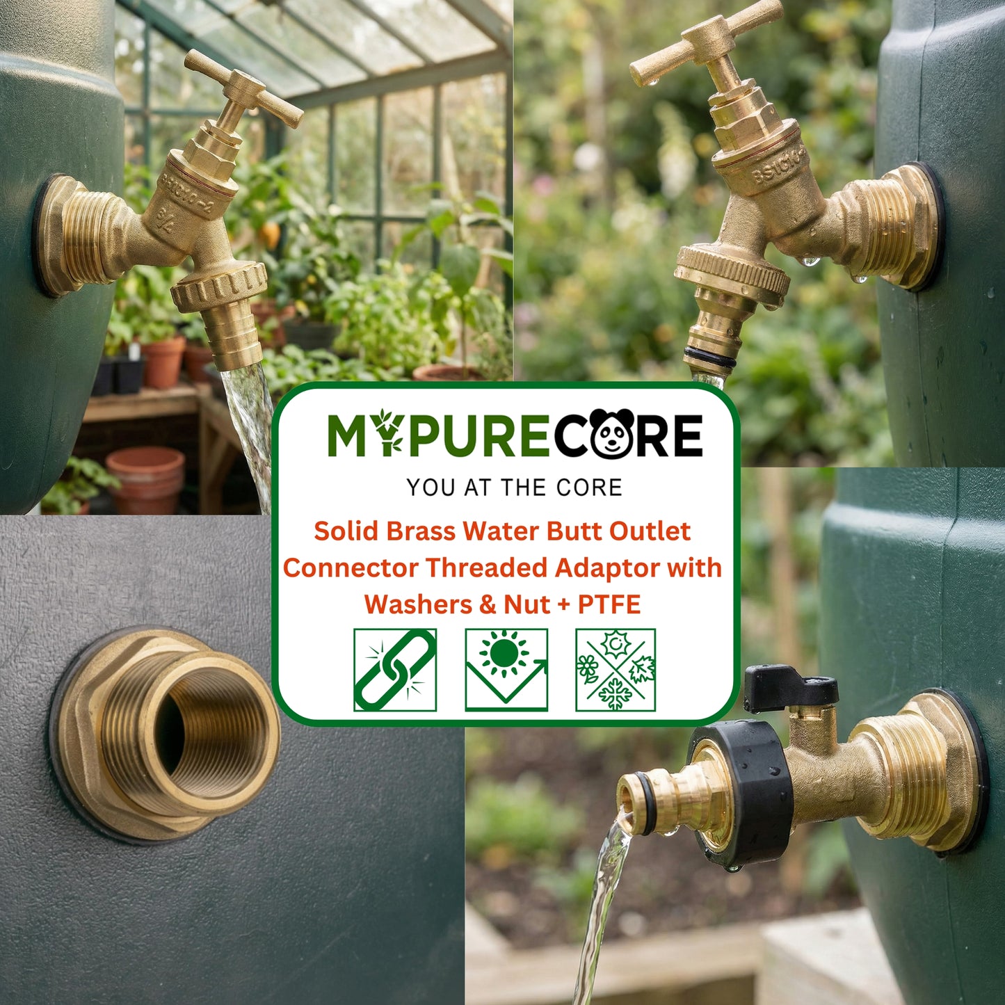 Solid Brass Water Butt Outlet Connector Threaded Adaptor with Washers, Nut & PTFE Tape for Rain Barrels, Tanks & Water Storage Systems