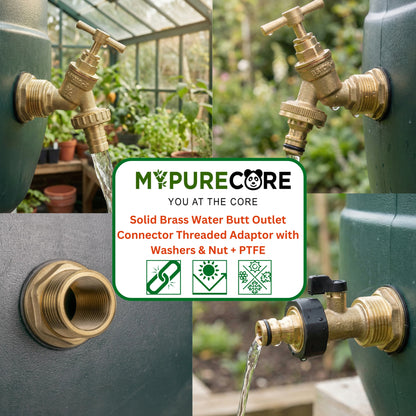 Solid Brass Water Butt Outlet Connector Threaded Adaptor with Washers, Nut & PTFE Tape for Rain Barrels, Tanks & Water Storage Systems