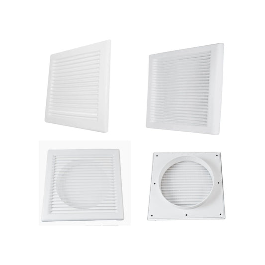 Square White Ventilation Grille with Flyscreen - Round Ø 100mm – 4 inch Rear Spigot