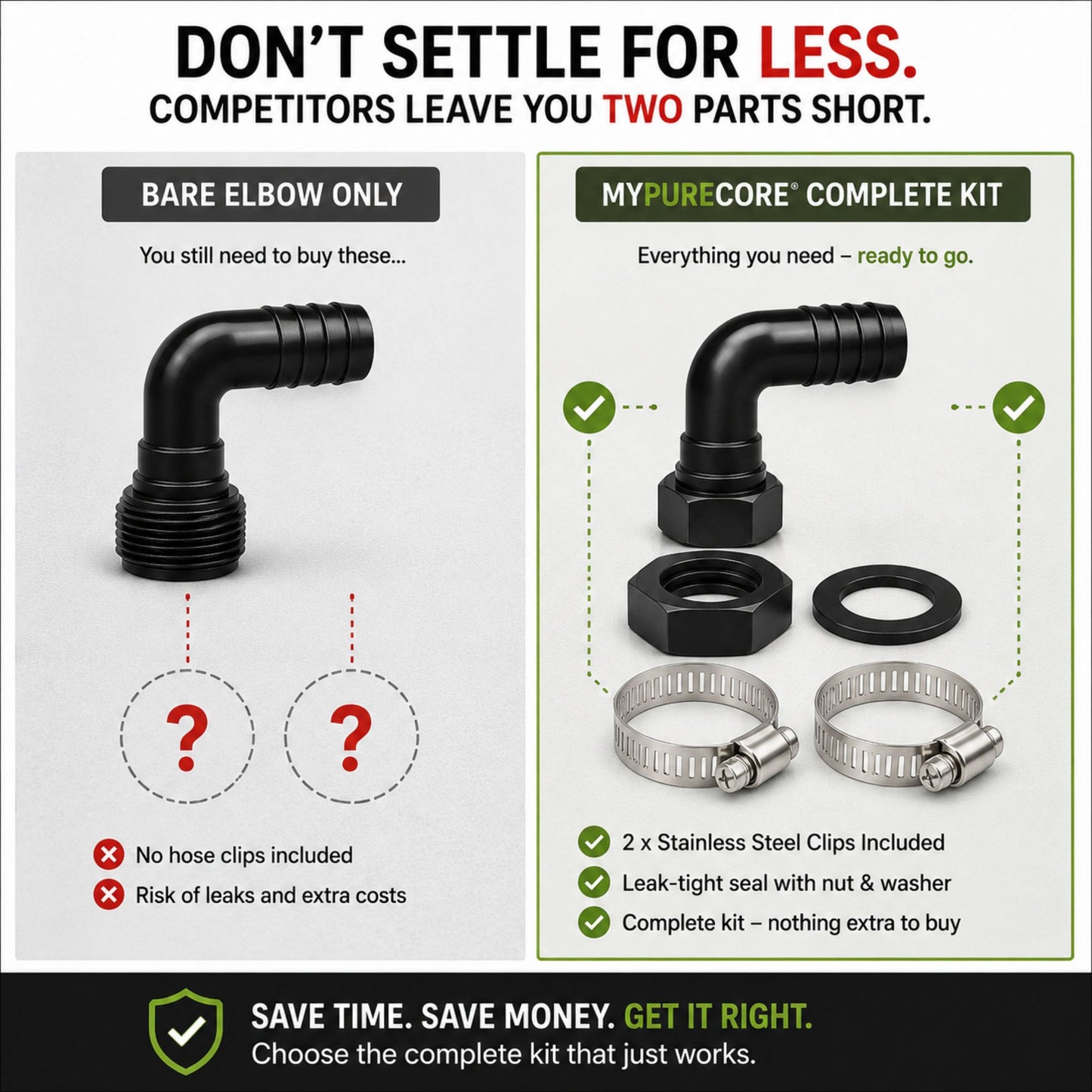 Water Butt Elbow Connector Kit Tank Outlet with 2 Hose Clips Garden Water