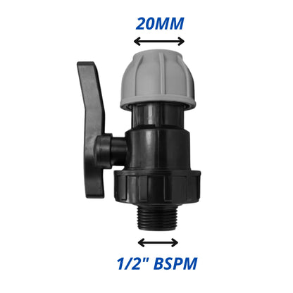 MDPE Water Pipe Outlet Valve Garden Hose Connector Kit 20mm 25mm 32mm - Compression Fitting, Flow Control Valve, Click-Lock Connector & PTFE Tape