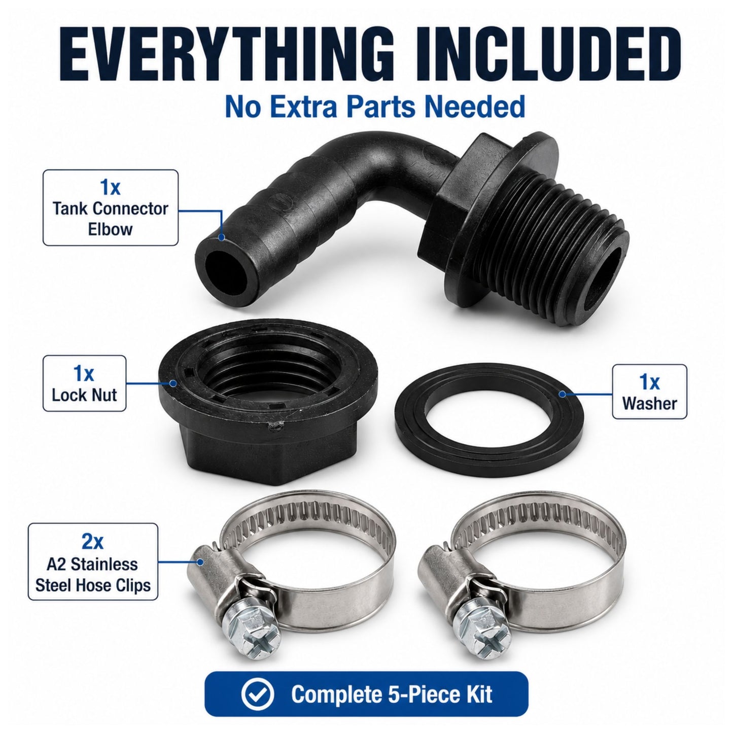 Water Butt Elbow Connector Kit Tank Outlet with 2 Hose Clips Garden Water