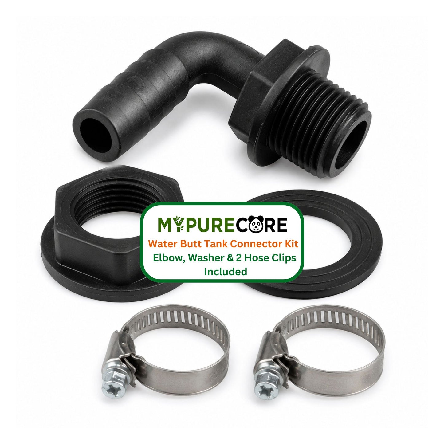 Water Butt Elbow Connector Kit Tank Outlet with 2 Hose Clips Garden Water
