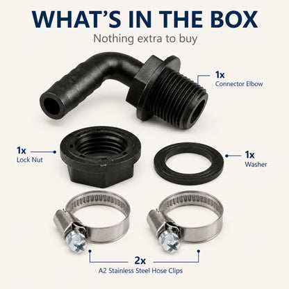 Water Butt Elbow Connector Kit Tank Outlet with 2 Hose Clips Garden Water