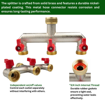 Brass 3-Way Garden Hose Tap Splitter with PTFE Tape – Durable 3/4" Outdoor Tap Connector with Individual Valves