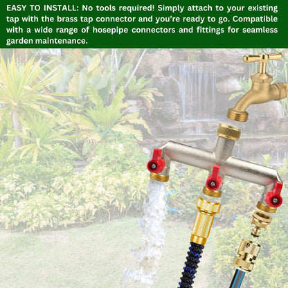 Brass 3-Way Garden Hose Tap Splitter with PTFE Tape – Durable 3/4" Outdoor Tap Connector with Individual Valves