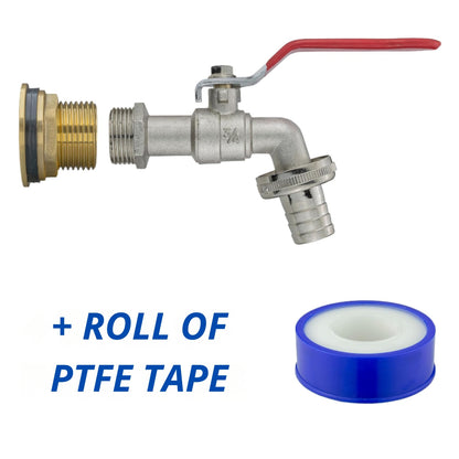 Water Butt Brass Kit 1” BSP to 3/4” – Heavy-Duty Brass Tank Connector with PTFE Tape & Lever Tap Options – Rainwater Harvesting, Barrels & IBC Containers