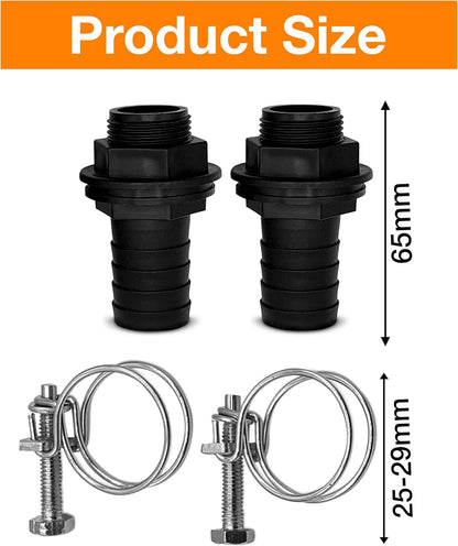 25mm 1 inch Water Butt Connector Kit – Heavy Duty Water Tank Outlet Connector Pack of 2 with 2 Double Wire Metal Clips