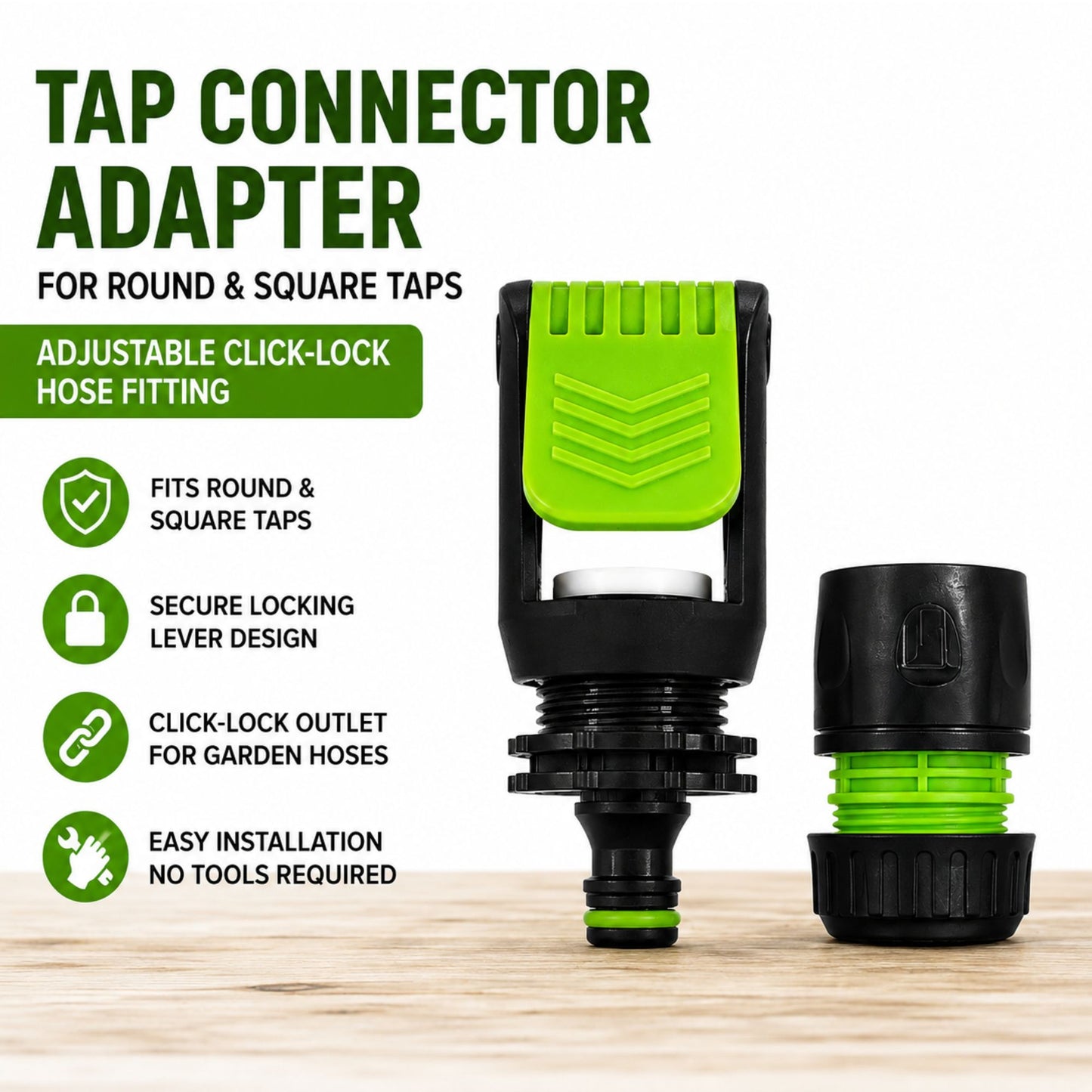 Tap Connector Adapter for Round & Square Taps | Adjustable Click-Lock Hose Fitting with 1/2" & 5/8" Female Connector