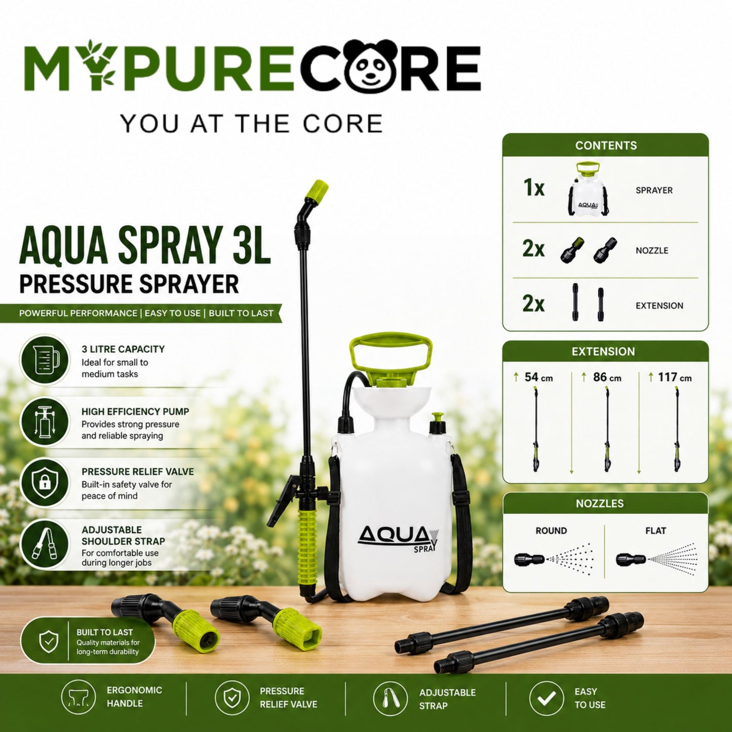 Pressure Sprayer 3L Garden Spray Bottle with Adjustable Telescopic Lance, Round & Flat Nozzles, Shoulder Strap for Plants & Weed Control