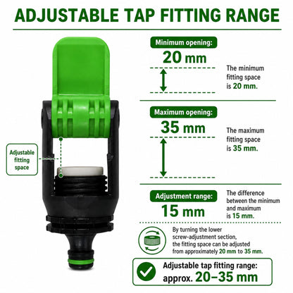 Tap Connector Adapter for Round & Square Taps | Adjustable Click-Lock Hose Fitting with 1/2" & 5/8" Female Connector