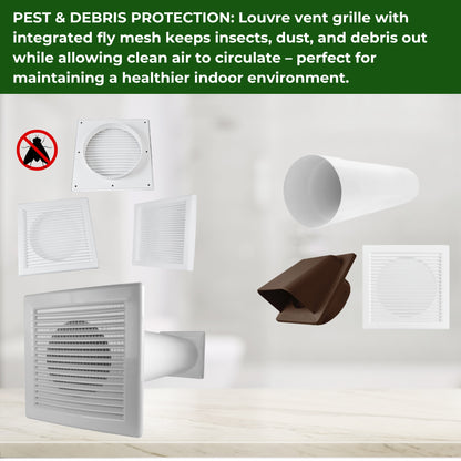 Through Wall Ventilation Kit – Louvre Vent with Fly Mesh, External Vent with Damper & 50cm Rigid Duct Pipe – Air Vent Cover for Bathroom, Kitchen, Home & Commercial Use