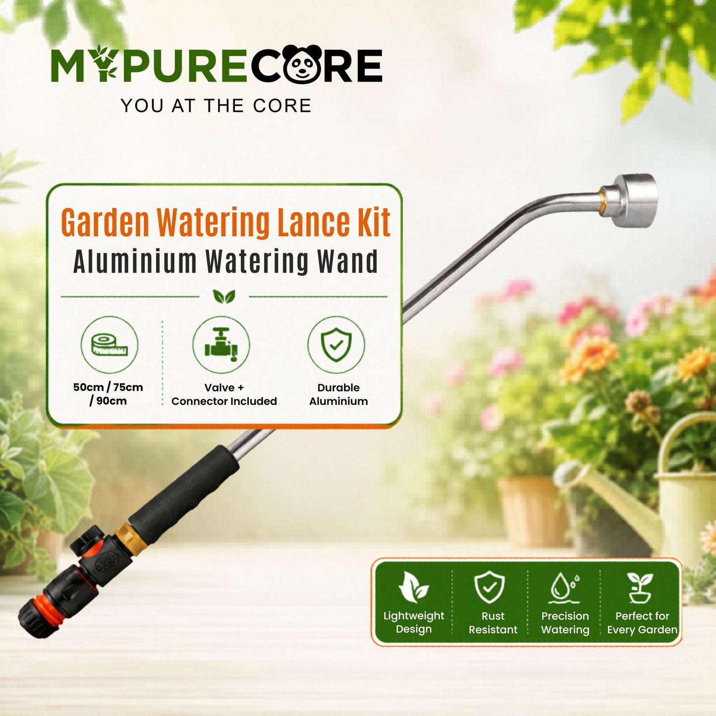 Watering Lance Kit 50cm 75cm 90cm Aluminium Garden Watering Wand with Flow Control Valve & Hose Connector for Plants, Pots, Borders, Raised Beds & Hanging Baskets