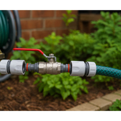 Garden Hose Inline Metal Tap Valve 1/2" with 2 Connectors & PTFE Tape | Water Shut Off Ball Valve for Irrigation, Sprinklers & Hosepipes