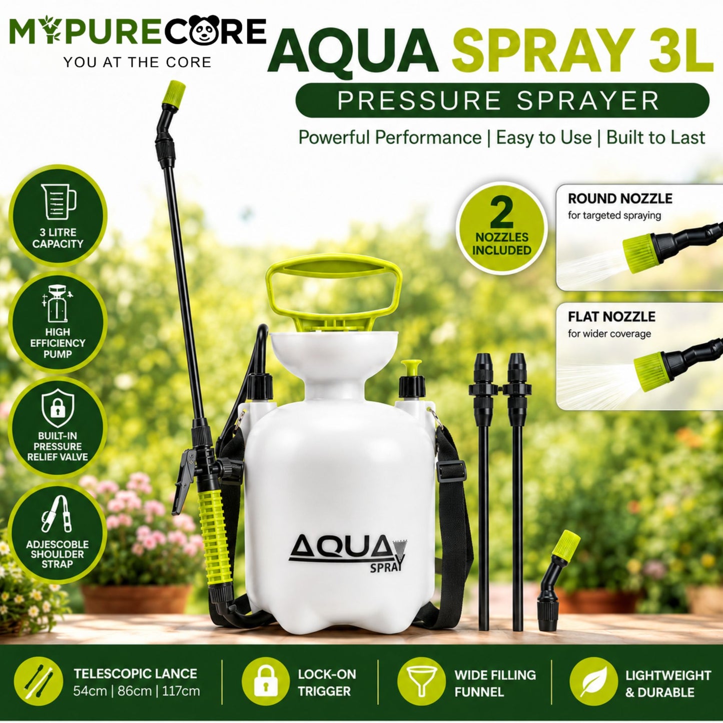 Pressure Sprayer 3L Garden Spray Bottle with Adjustable Telescopic Lance, Round & Flat Nozzles, Shoulder Strap for Plants & Weed Control