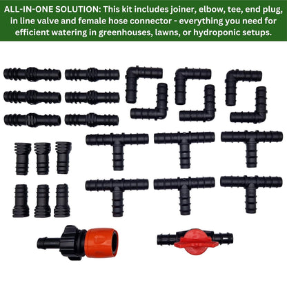 26-Pc Ultimate Garden Irrigation Kit: 13mm (1/2) Pipe Connectors, Drip System & Fittings - Universal Hose Attachments for Soaker Hose, Watering Systems, Greenhouses, Lawns