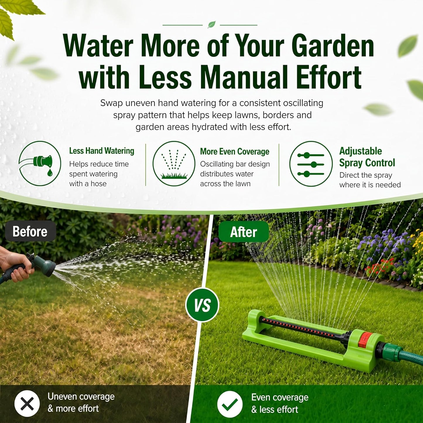 Garden Sprinkler Oscillating - 16 Jet Nozzles Adjustable Lawn Water Sprayer
