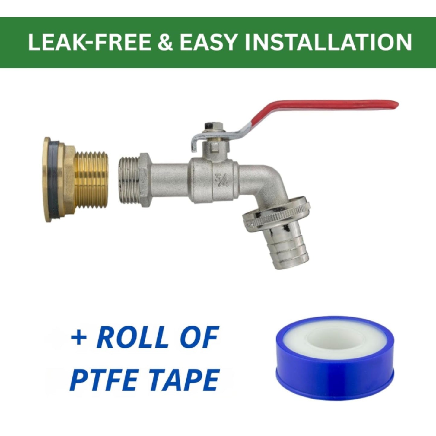 Water Butt Brass Kit 3/4" BSP to 1/2" – Heavy-Duty Brass Tank Connector with PTFE Tape & Lever Tap Options – Rainwater Harvesting, Barrels & IBC Containers